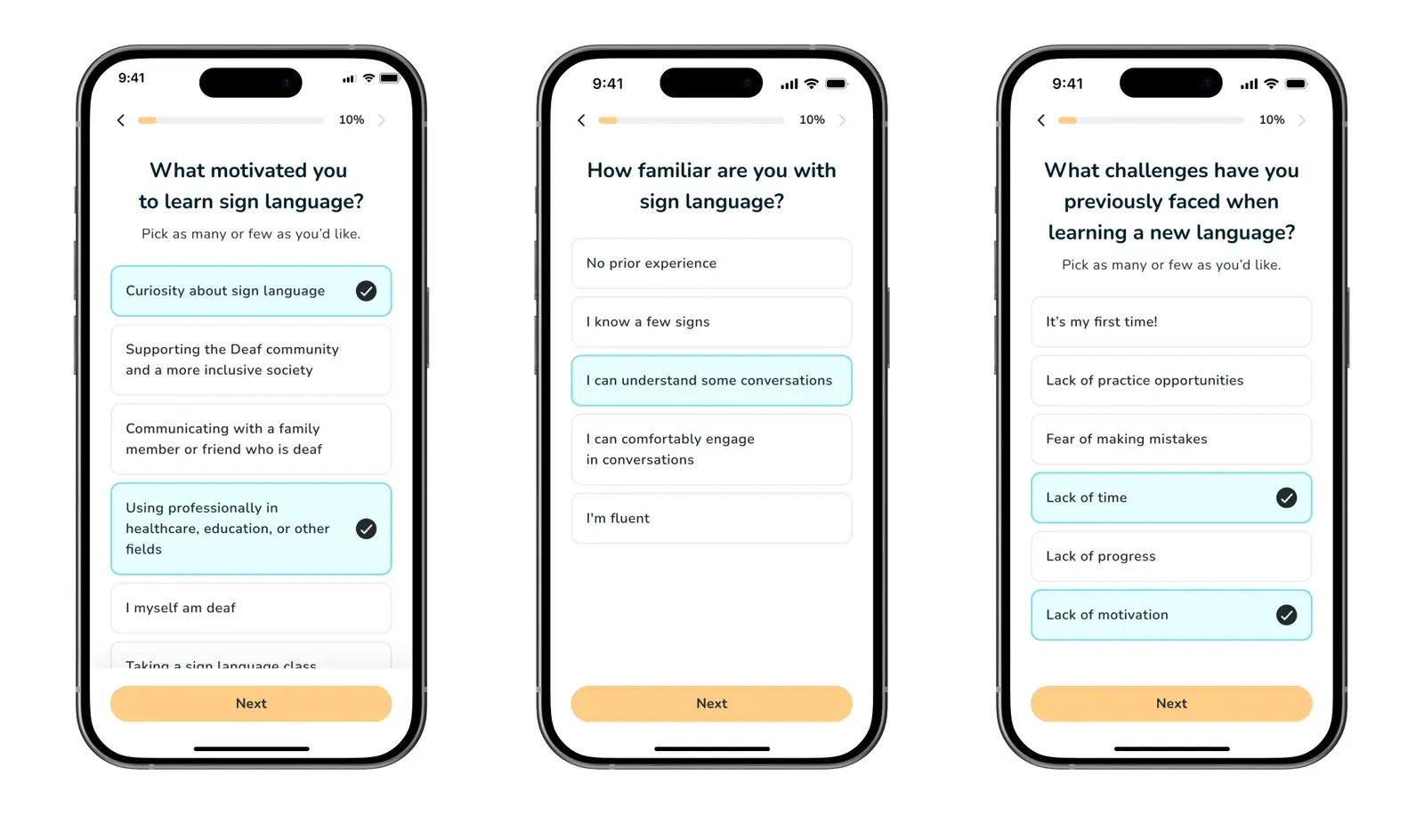 Before-and-after onboarding flow from ASL Bloom showing the redesigned first 60 seconds that aligned with the language-learning job users came to do.