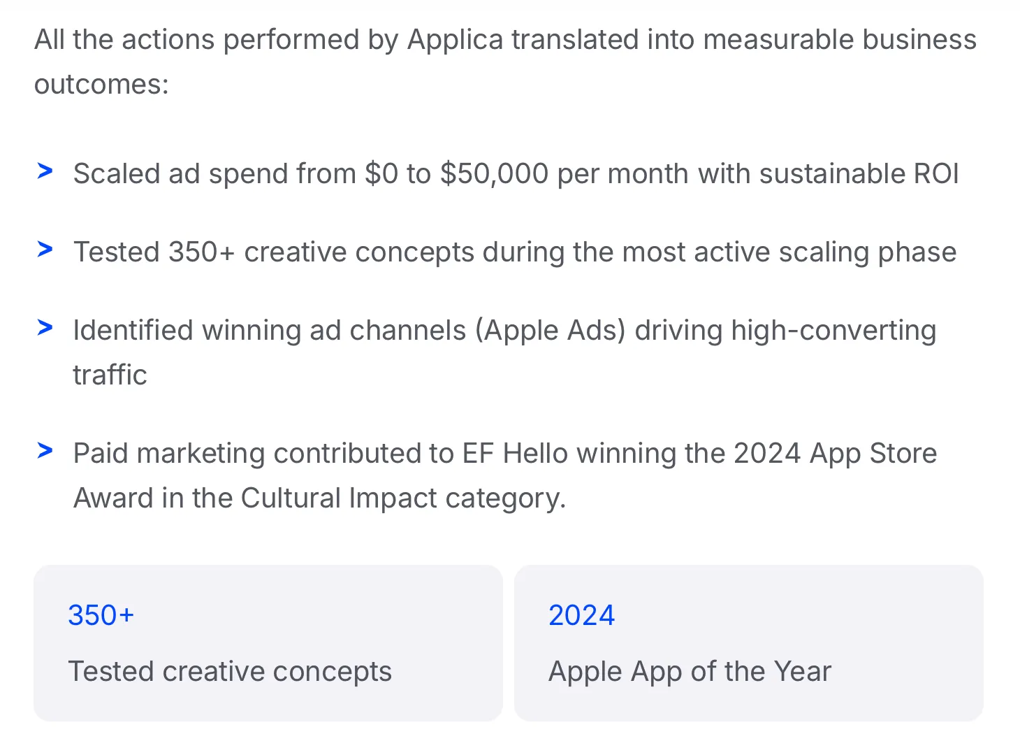 Screenshot of Applica Agency's EF Hello case study showing the EdTech app's path to Apple App of the Year 2024 following an analytics infrastructure rebuild.