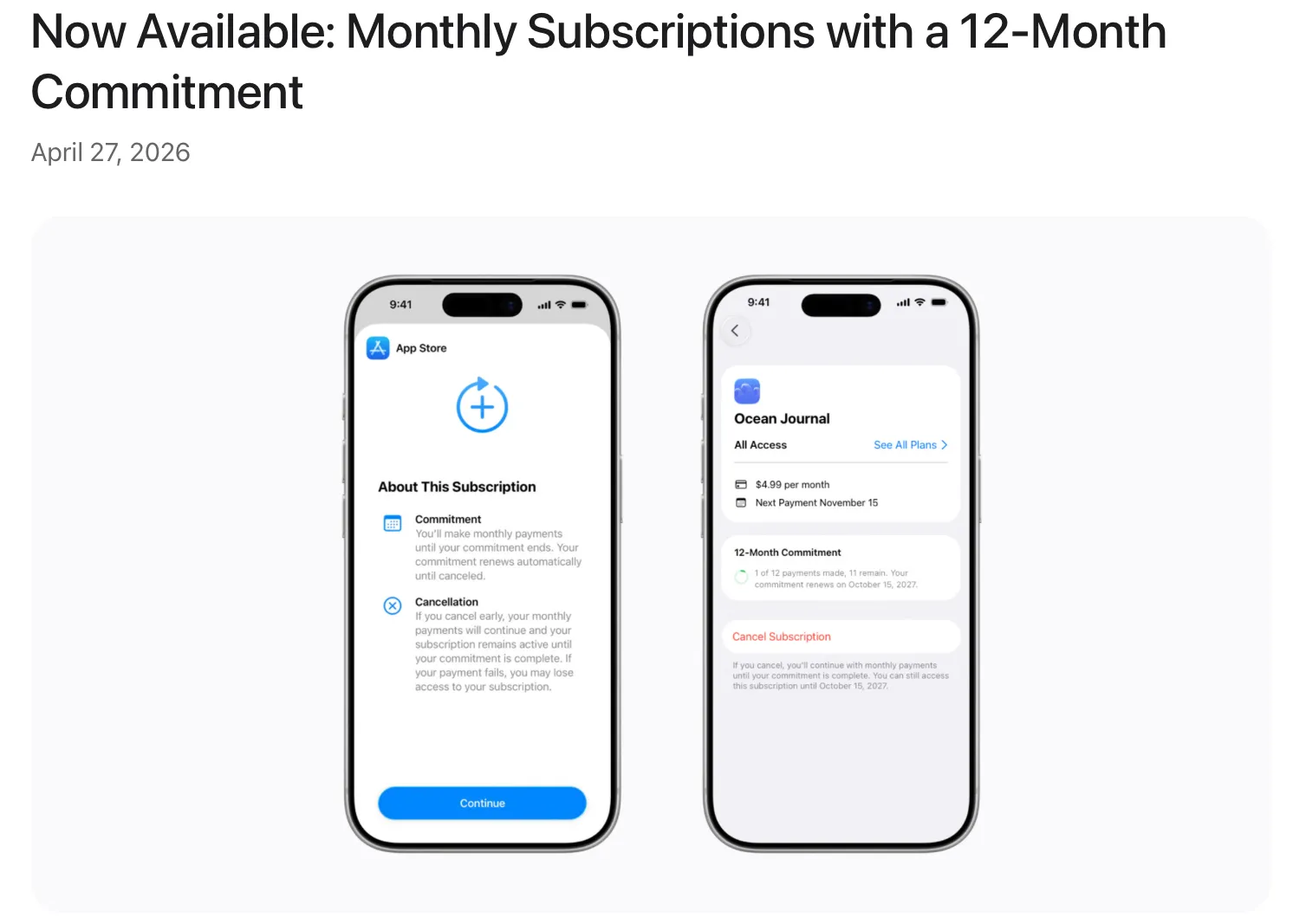 Apple's new monthly subscription with 12-month commitment payment screen on iOS 26.5