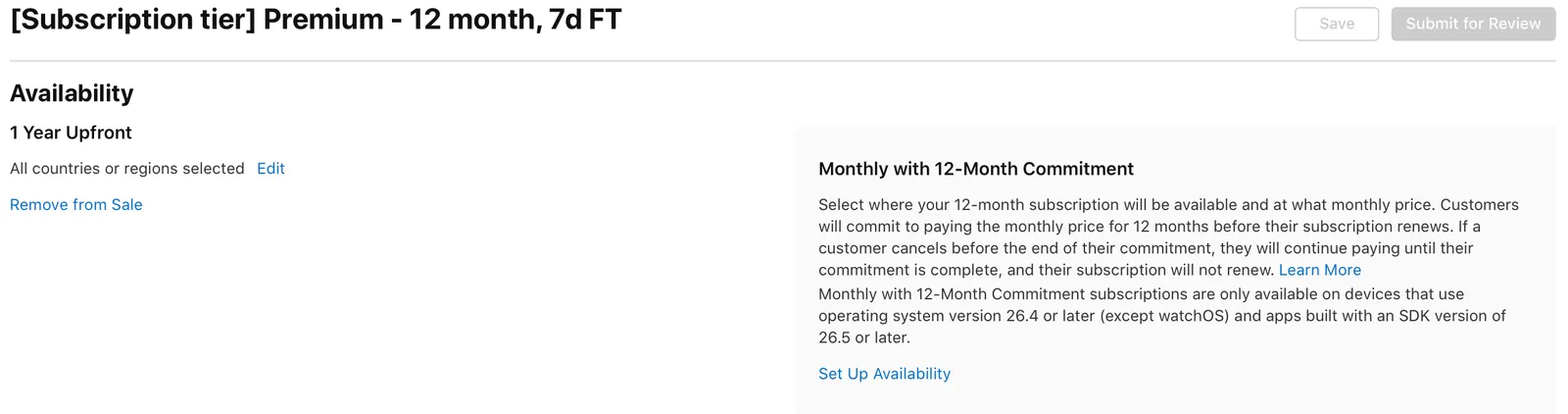 App Store Connect billing plan configuration for the 12-month commitment option