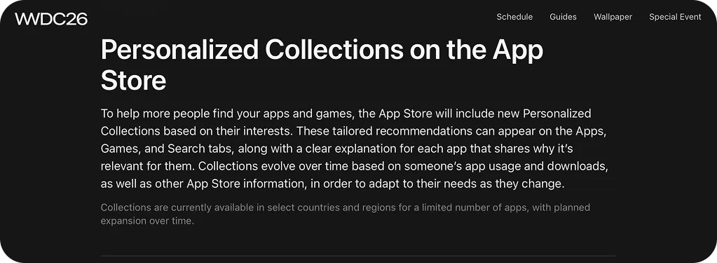 App Store Personalized Collections showing AI-generated app recommendations with editorial app notes.