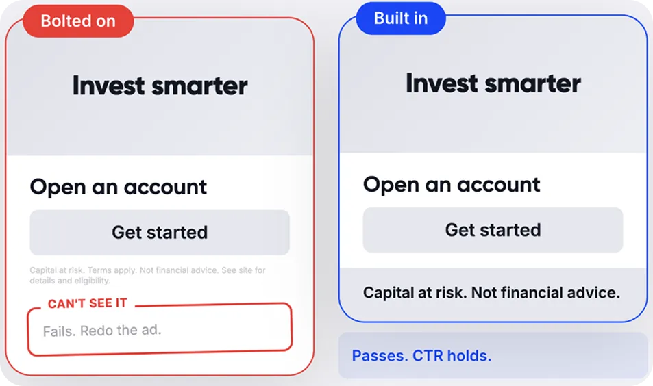 Annotated FinTech ad creative showing compliant, immediately-visible disclosure placement.