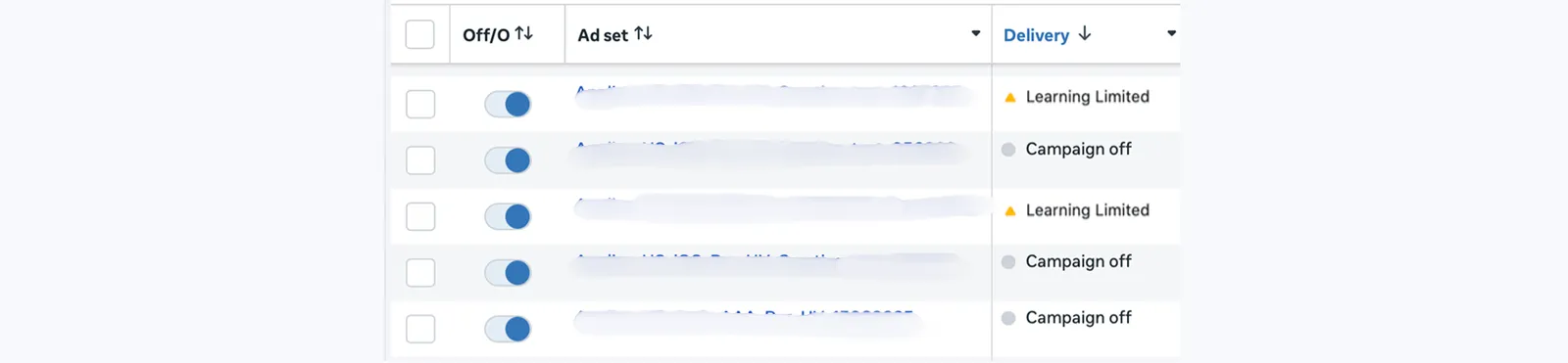 Meta Ads Manager ad set showing Learning Limited status caused by insufficient optimization events.