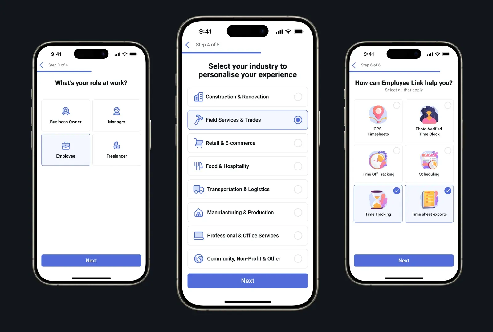 Sequence of mobile app onboarding screens