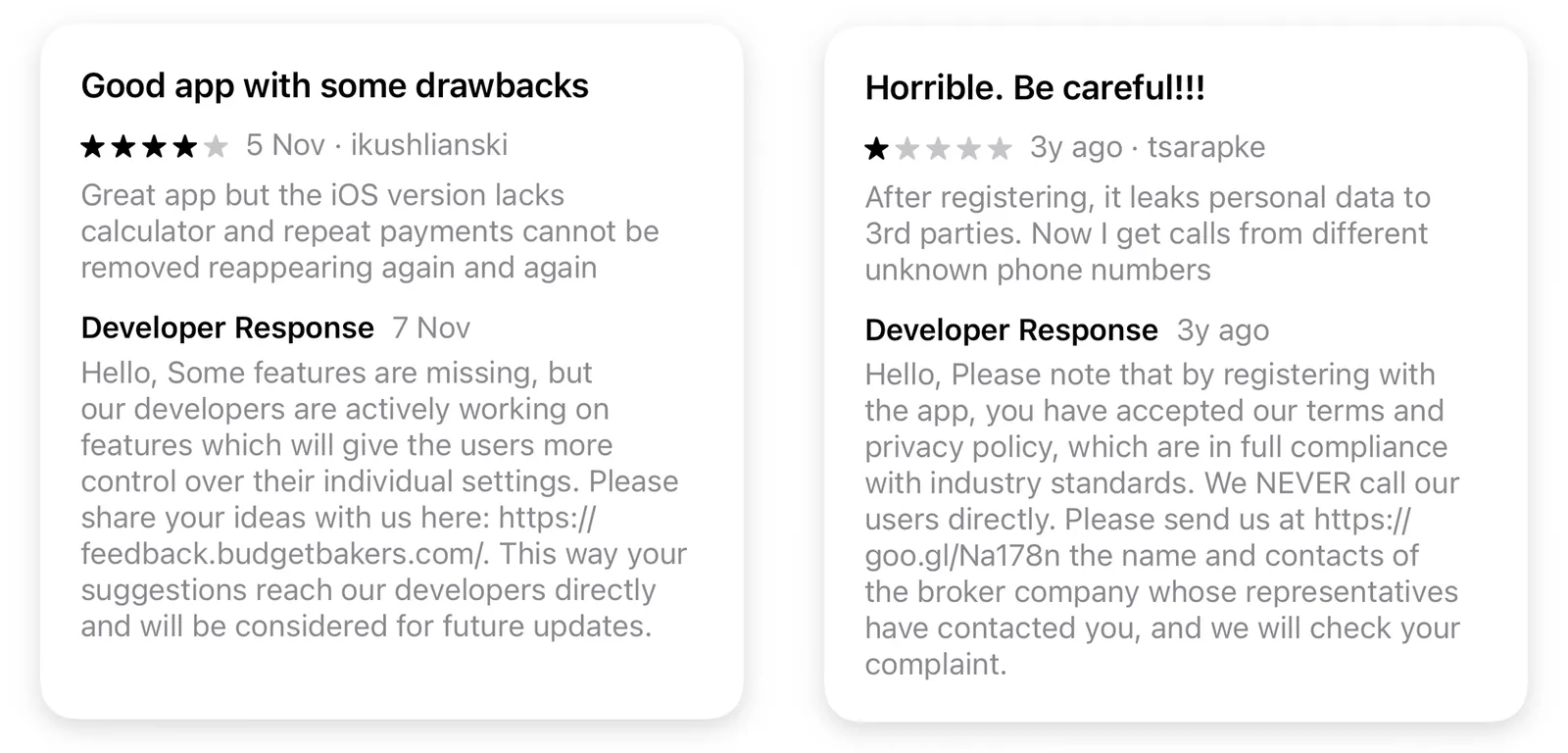 *Examples of thoughtful responses to both positive and negative user reviews
