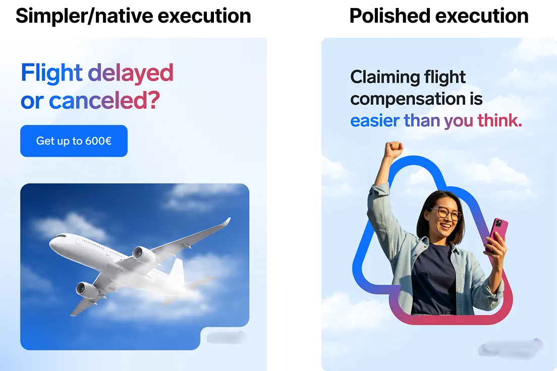 Side-by-side comparison of a native ugly Meta ad and a polished brand ad for the same offer