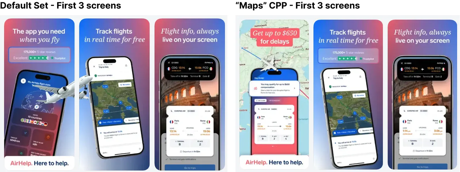 Side-by-side comparison of three AirHelp Custom Product Page variants tested as part of a store-listing conversion rate optimisation programme