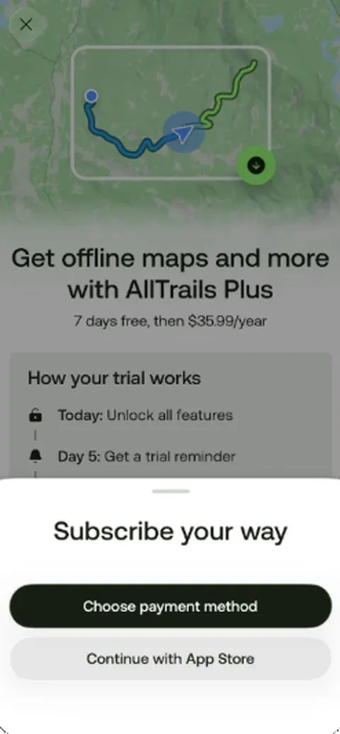 AllTrails payment sheet, “Subscribe your way”