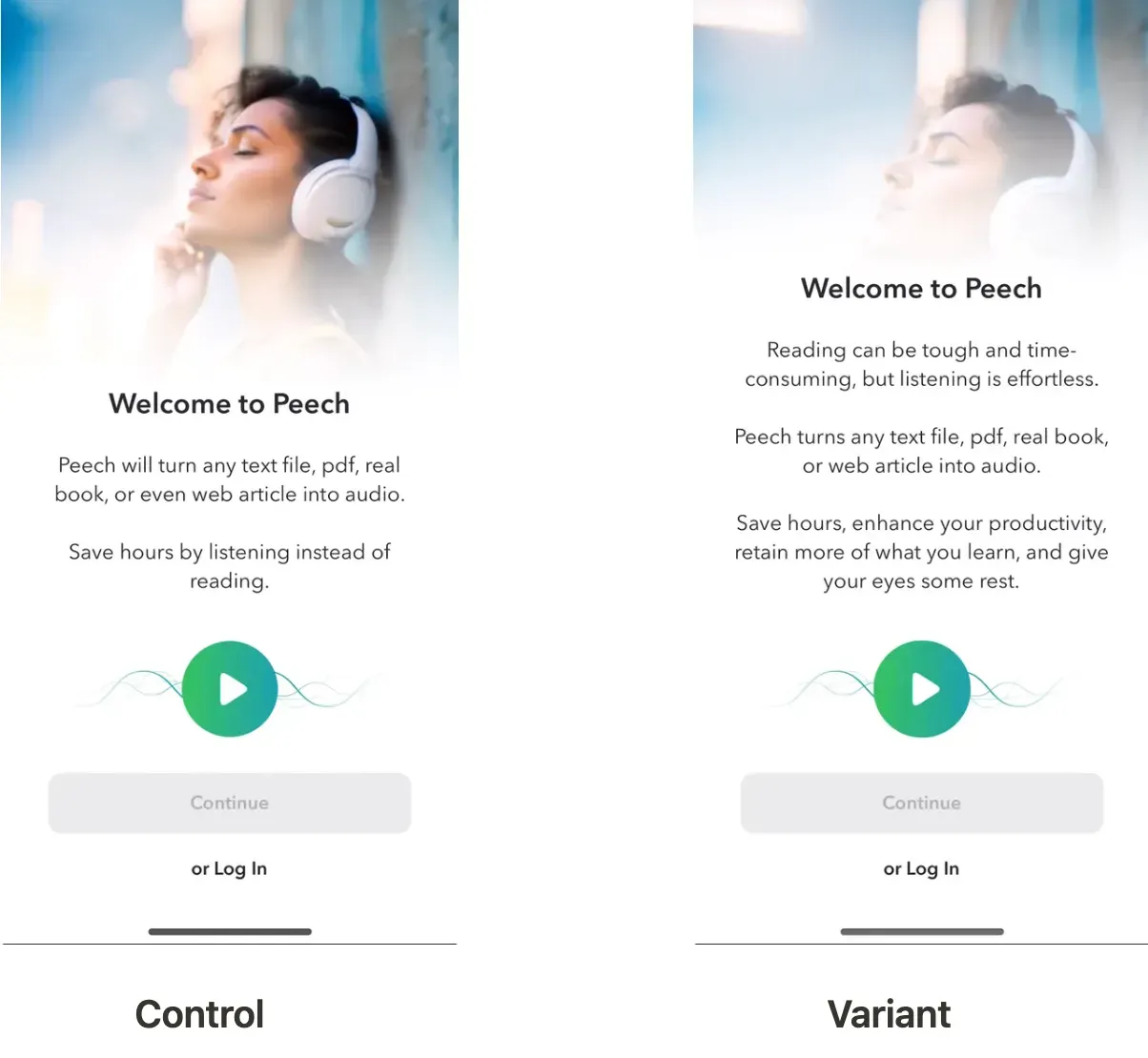 *The Peech welcome-screen test: feature-list control vs benefit-led treatment, 50/50 split, 25 days, US first-time users.*