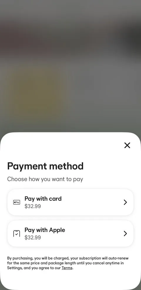 Bumble payment method sheet with Pay with card and Pay with Apple