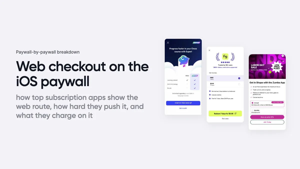 Web checkout on the iOS paywall guide cover with three app paywalls