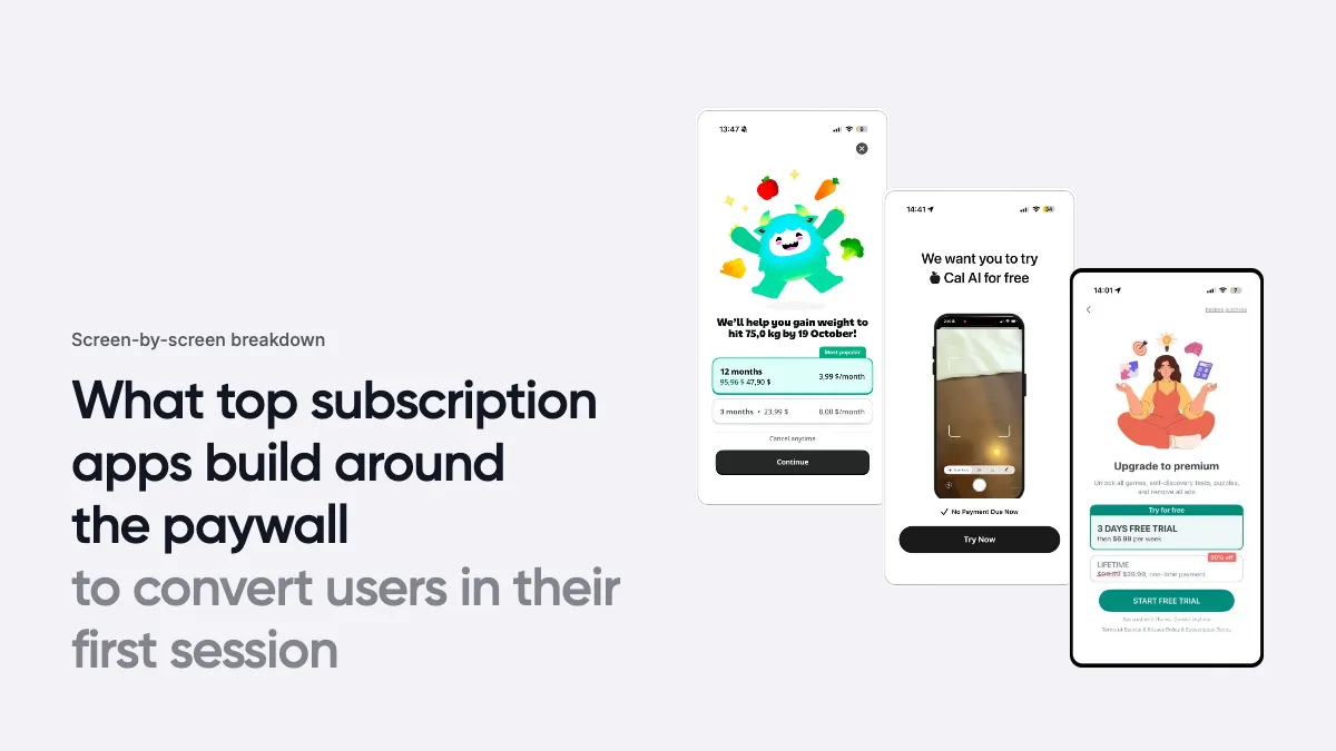 Paywall flow mechanics guide cover with three app screens