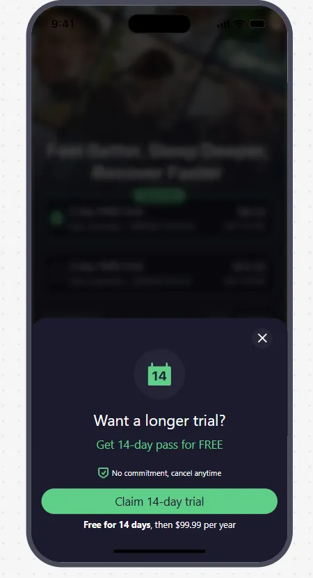 Follow-up Pulsetto paywall offering a longer free trial to users who dismissed the first offer