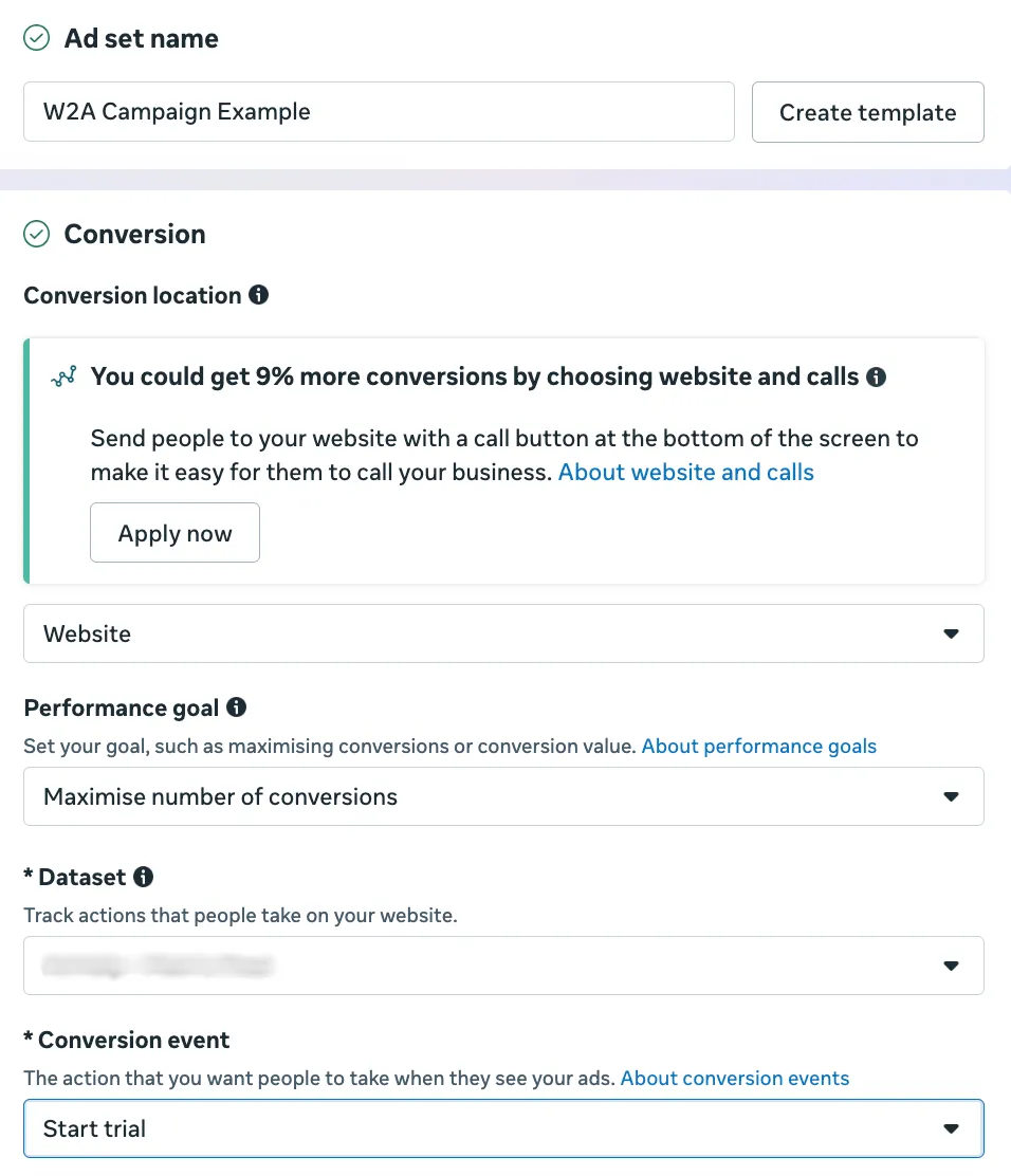 Meta Ads Manager ad-set level showing Conversion location: Website and the Web Dataset selected