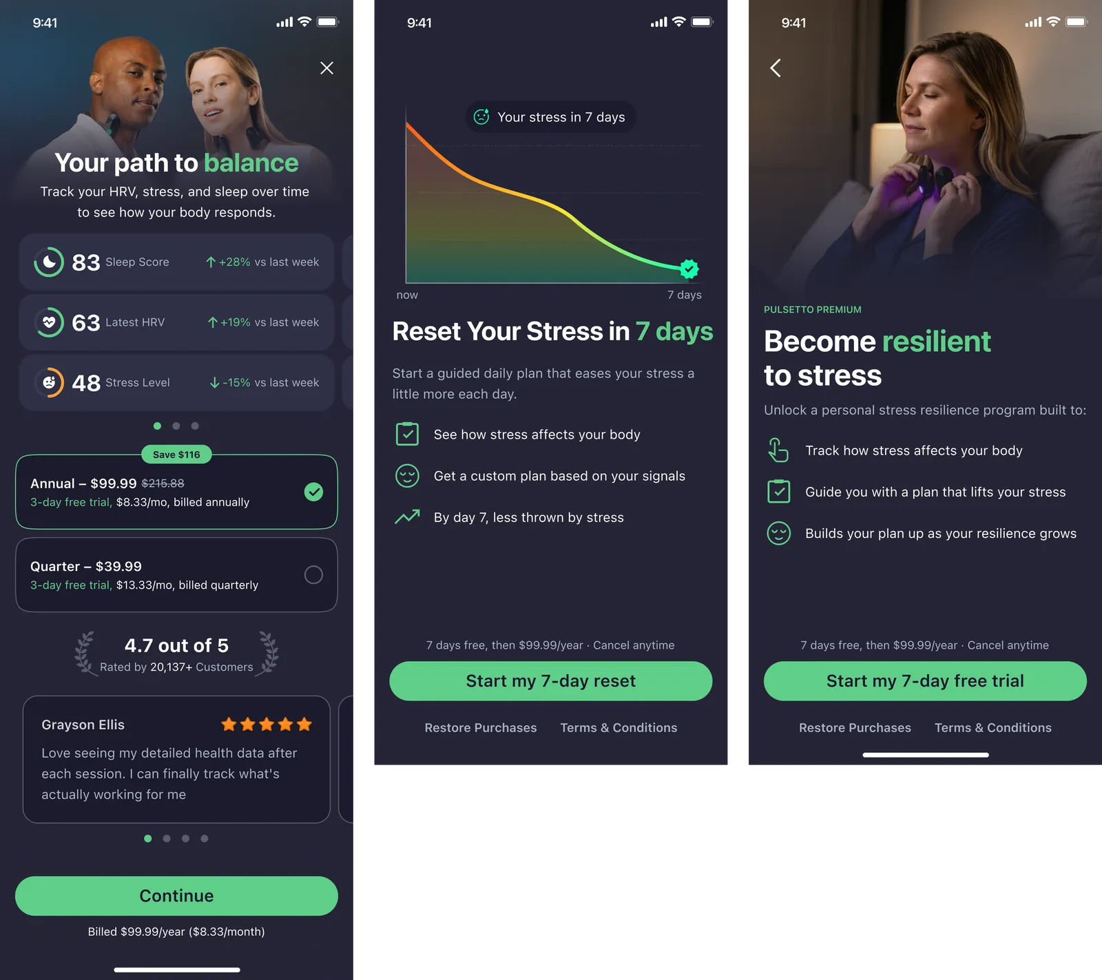 Three feature-specific Pulsetto paywalls, each built around the premium feature that opened it