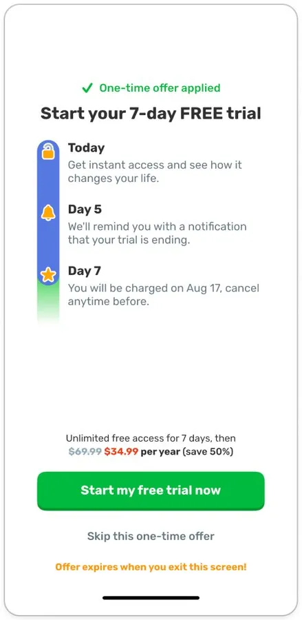 Finch paywall flow, screen 4 of 4