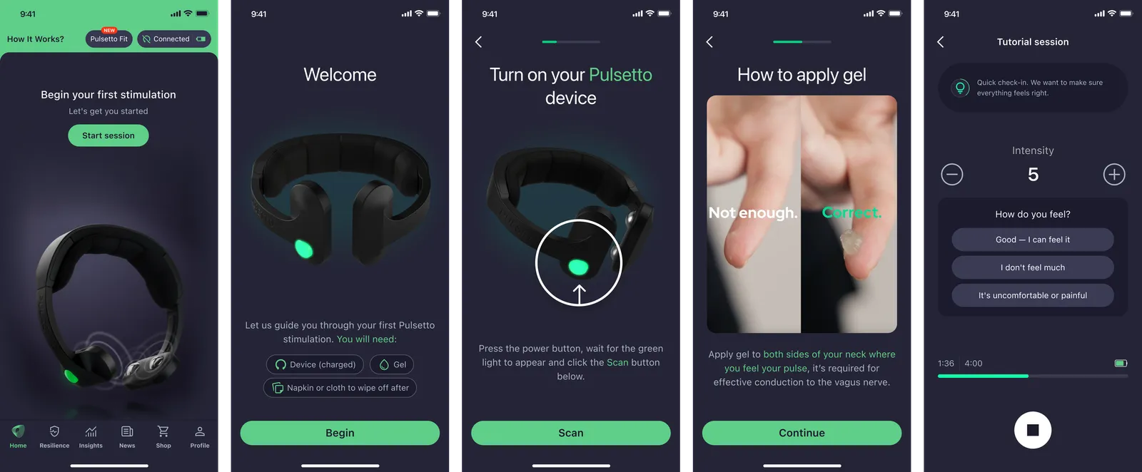 The guided first-session tutorial in the Pulsetto app: what to expect, gel and placement, a short gentle session and a mid-session check-in