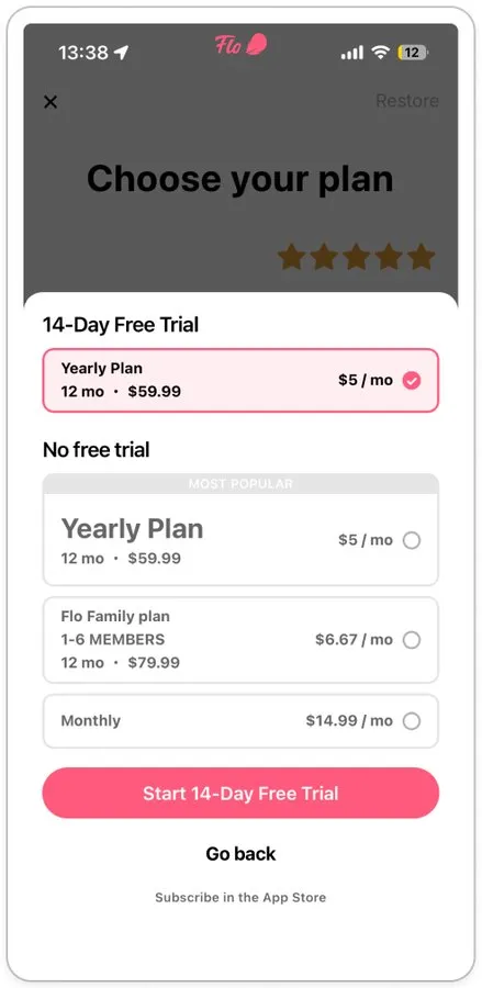 Flo paywall flow, screen 1 of 2