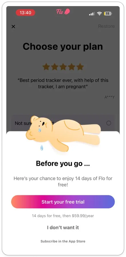 Flo paywall flow, screen 2 of 2