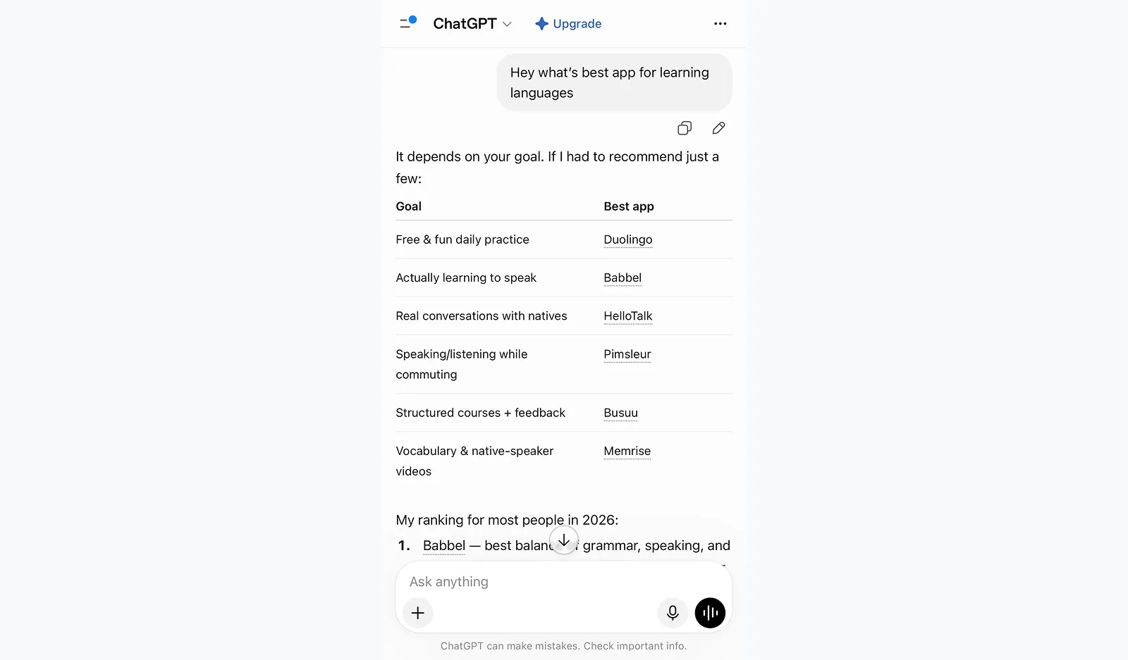 AI answer engine response listing recommended mobile apps with brief explanations.