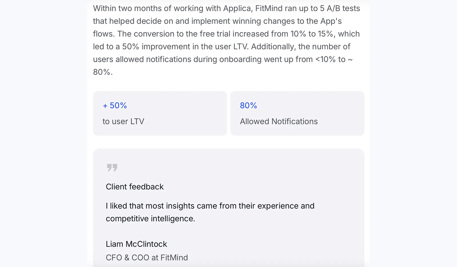 Screenshot of Applica Agency's FitMind case study showing 50% ARPU lift across 5 A/B tests in 2 months following an event-tracking fix.
