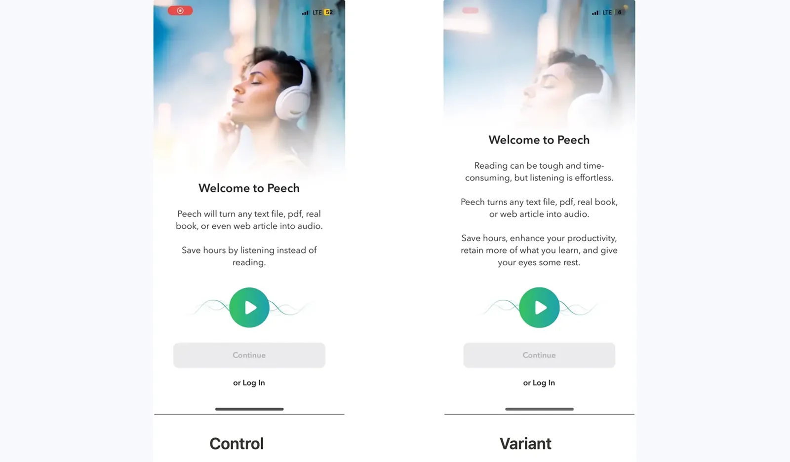 Side-by-side comparison of Peech's original feature-led welcome screen and the JTBD-informed benefit-led rewrite that produced a 30% LTV lift over 25 days.