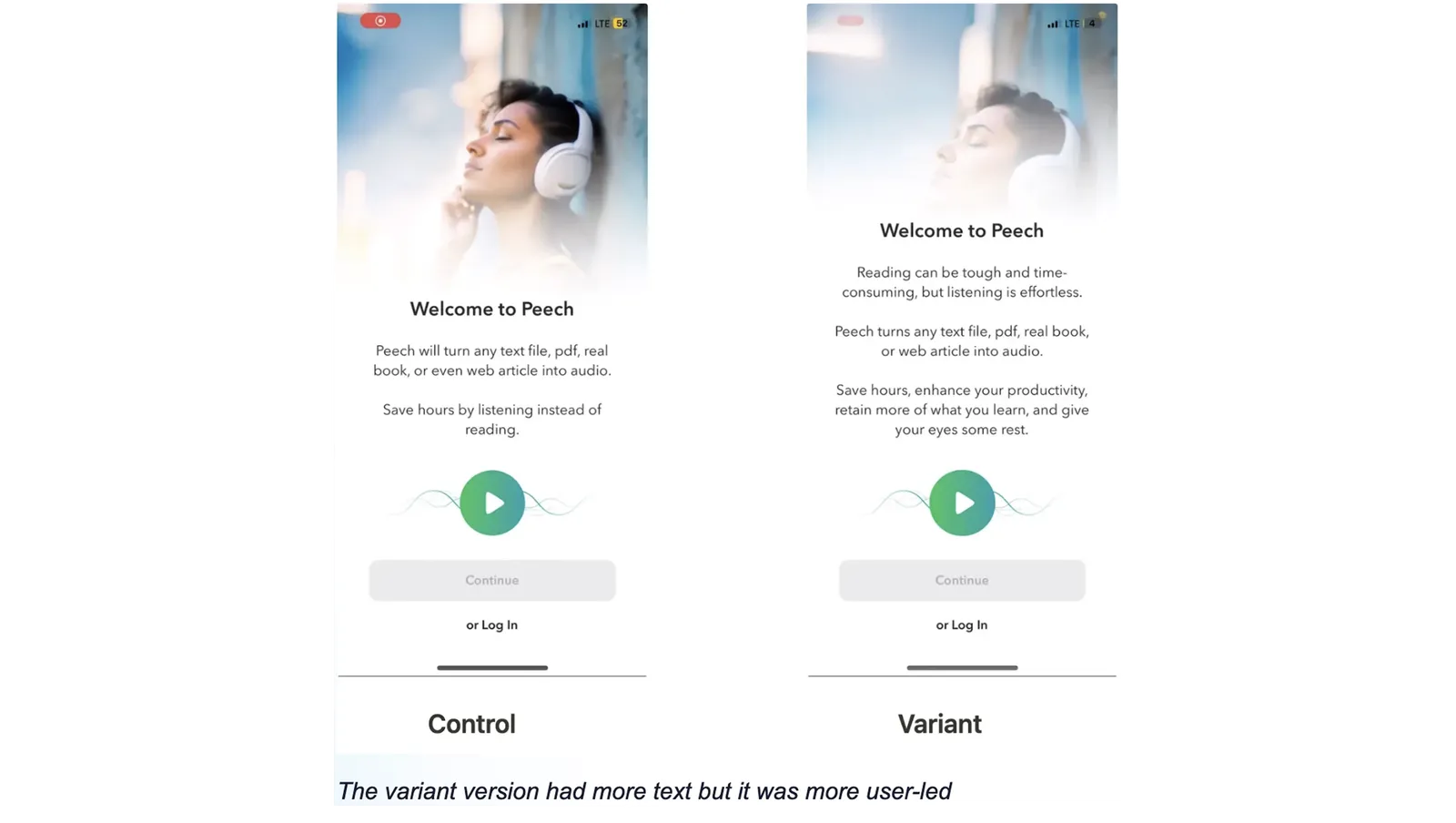 The Peech welcome-screen variants that produced a 30% LTV lift in 25 days — JTBD-informed copy compressed the test cycle.