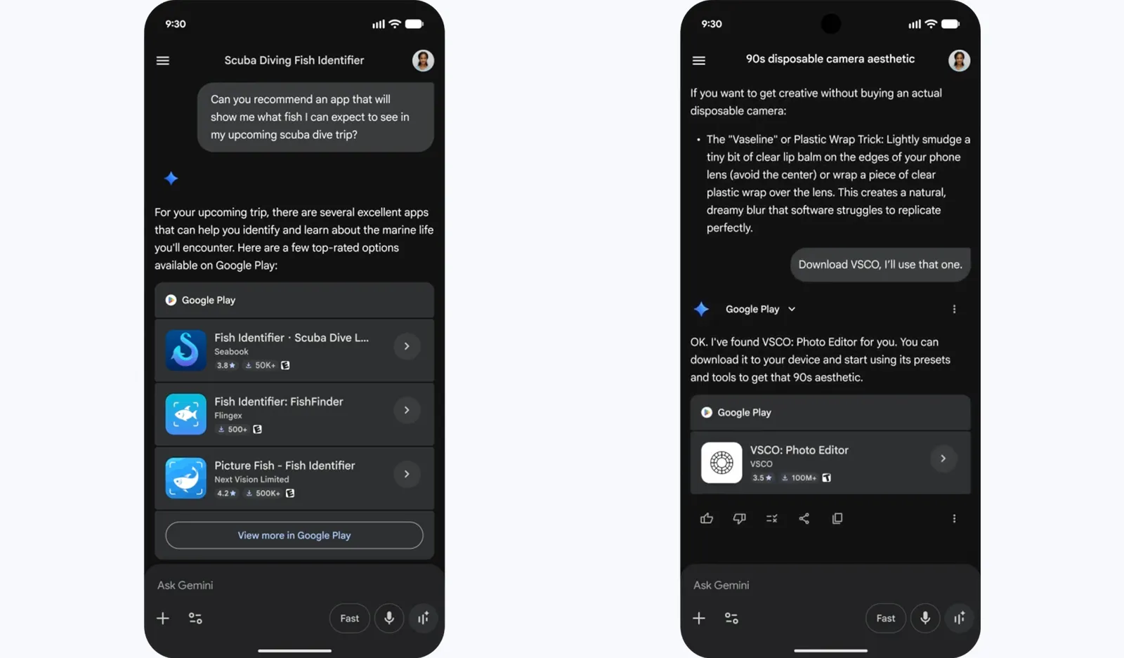 Alt text: Gemini standalone app interface recommending and installing an Android app outside the Google Play Store.
