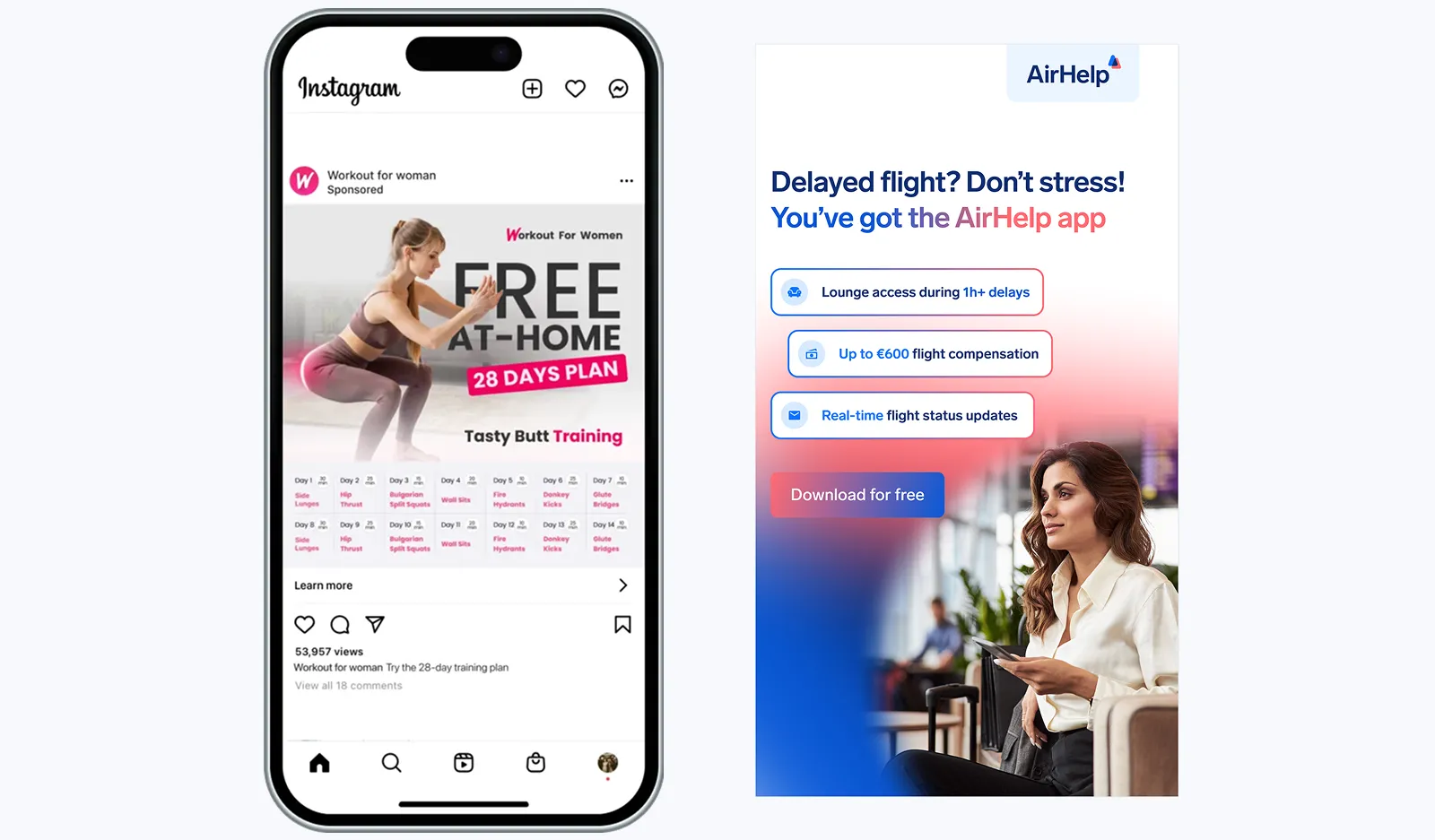Two mobile ad creatives side by side — one selling immediate relief, one selling long-term benefit — showing a message mismatch.