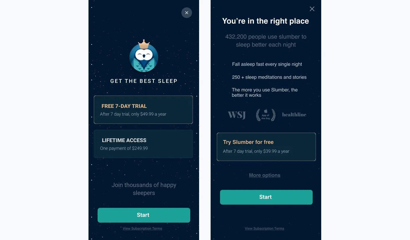 Two mobile subscription paywall variants compared side by side