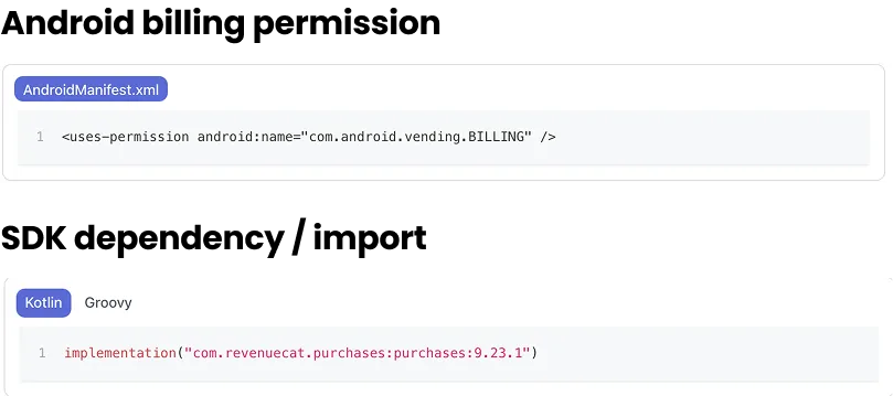 Code snippet showing paywall SDK dependency declarations and the Android billing permission required to integrate the tool.