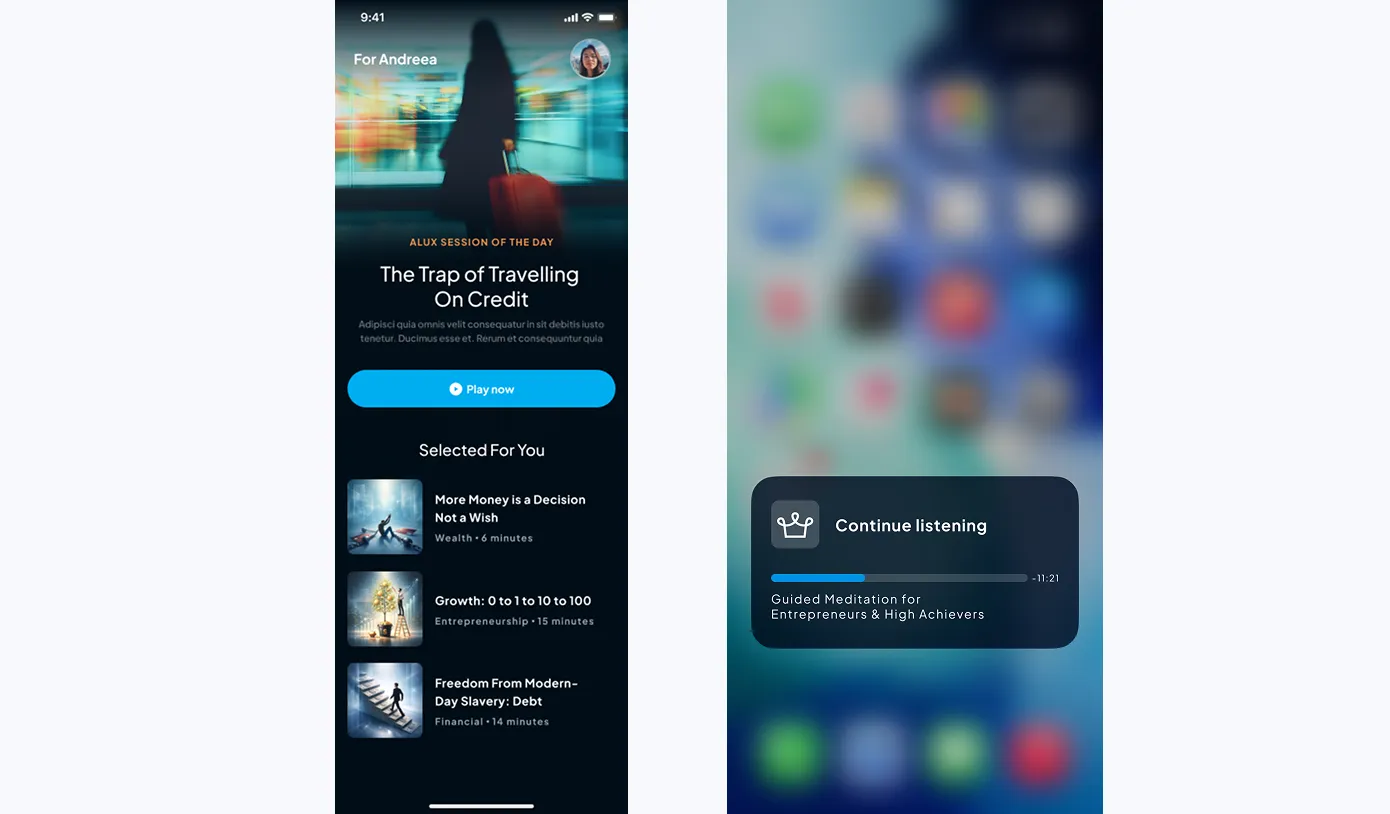 Continue listening" home-screen widget. When the user leaves mid-session, the unfinished piece reappears as a live widget on their phone's home and lock screen (an iOS Live Activity), giving them a one-tap reason to come back the next day.