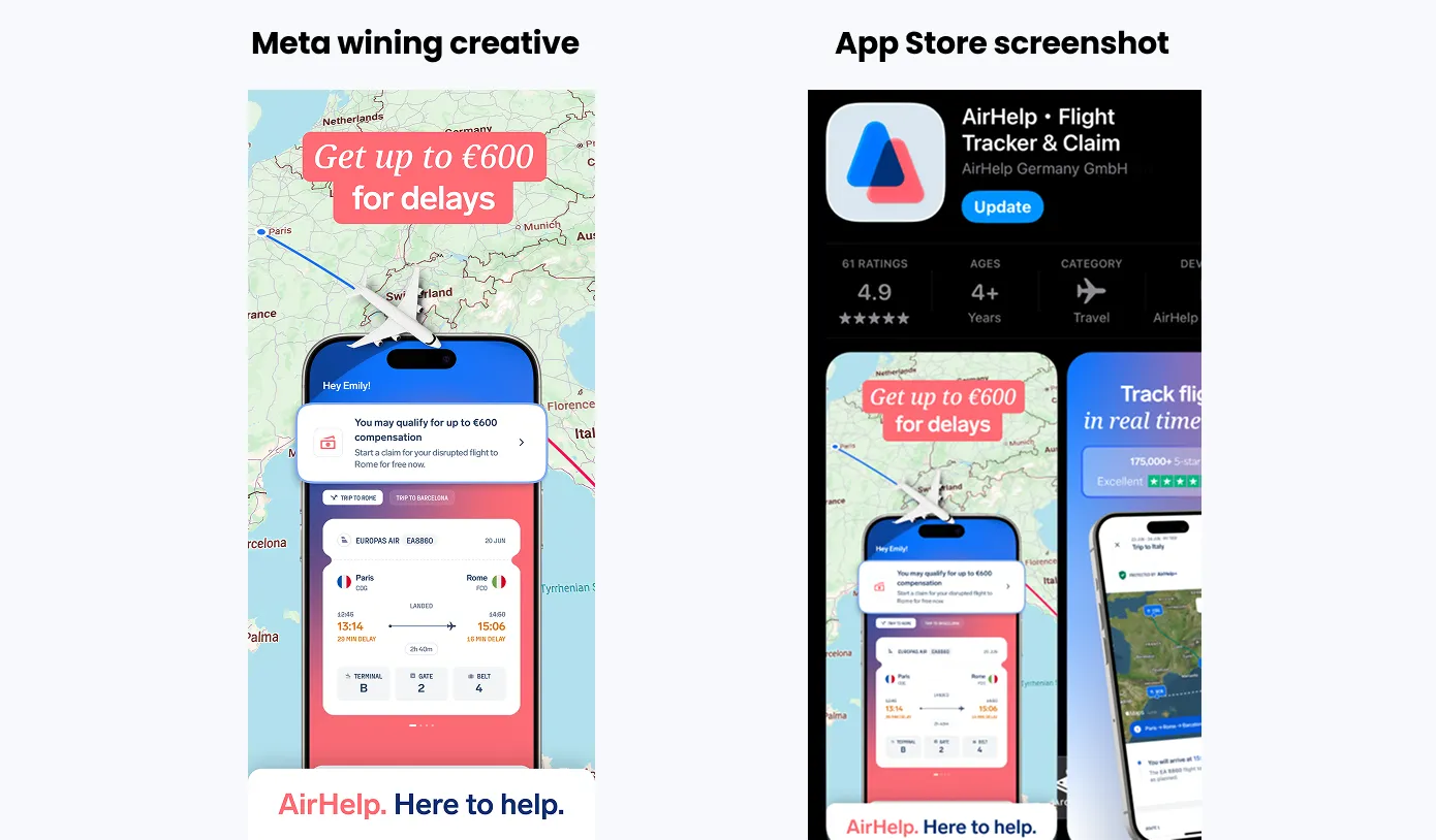 Winning paid social ad creative reused as an App Store screenshot for ASO conversion