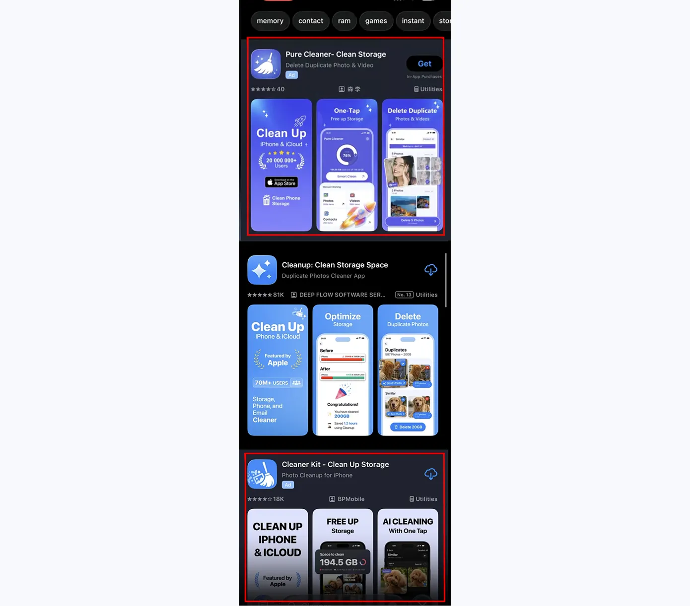 Annotated App Store search result highlighting two ad placements.