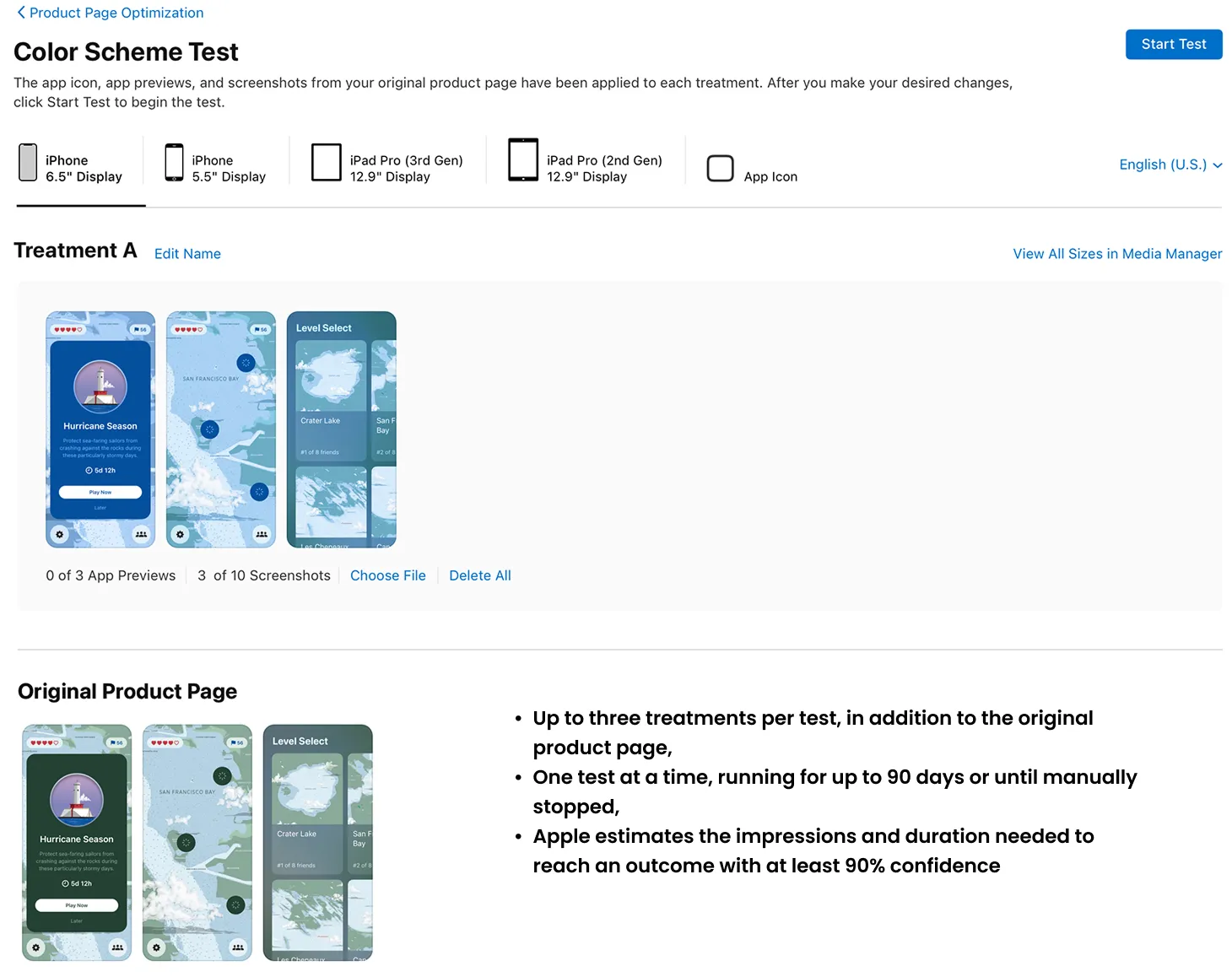 Apple Product Page Optimization documentation showing test treatment and duration limits
