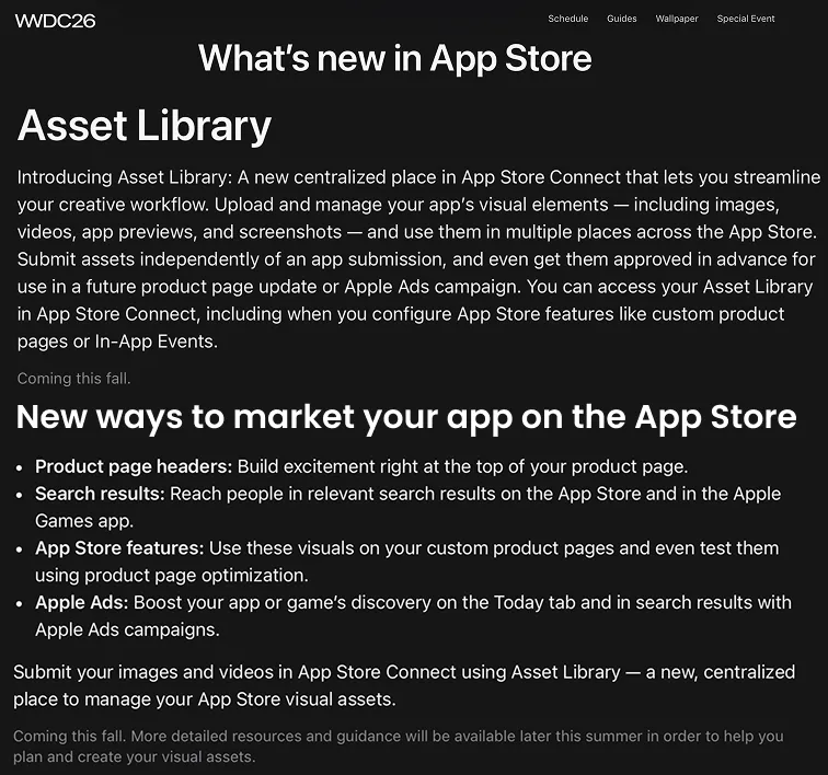 Apple WWDC26 announcement of App Store product page header assets and Asset Library