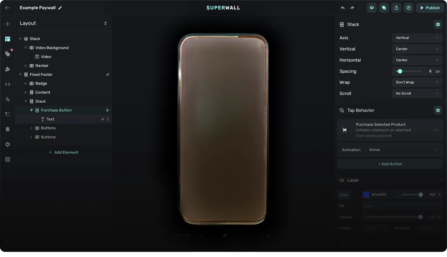 Visual drag-and-drop paywall builder interface in a no-code subscription tool, showing editable layout, copy, and pricing.