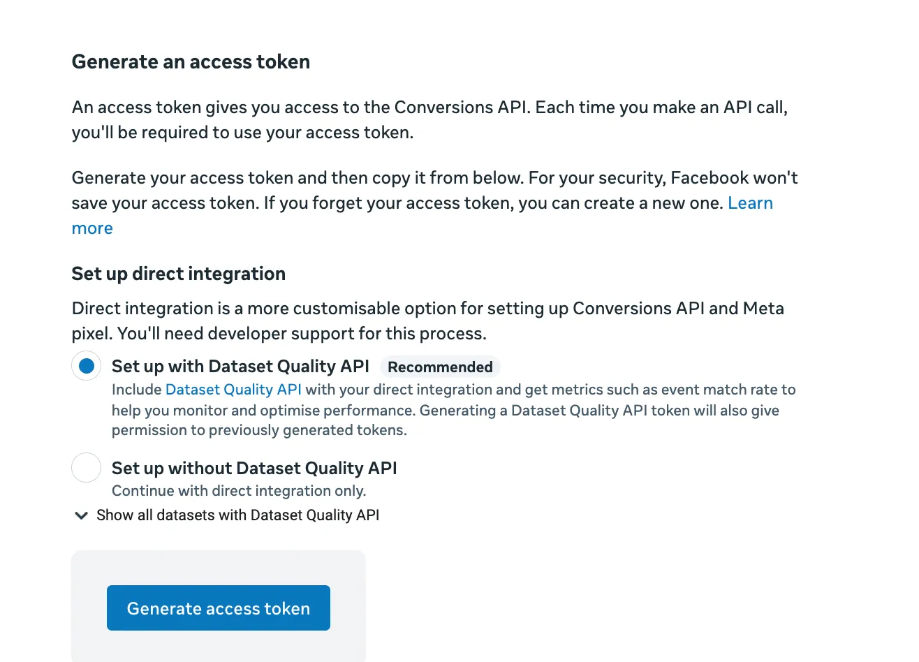 Generate Access Token dialog selecting the new Web Dataset