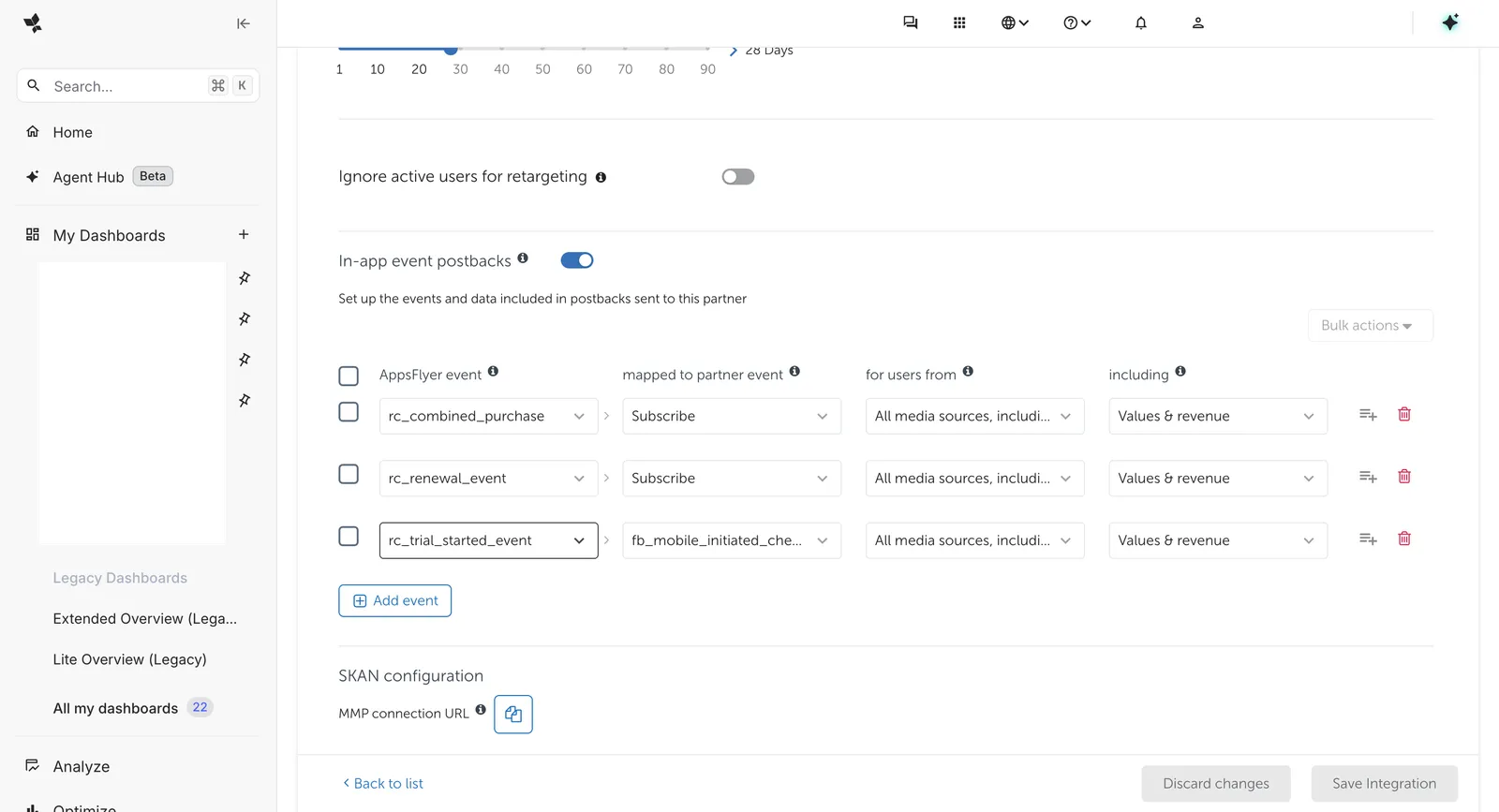 Anonymised AppsFlyer event postback mapping table showing a trial-start event mapped to an initiate-checkout partner event.