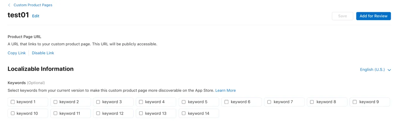 Assigning keywords to a Custom Product Page in App Store Connect
