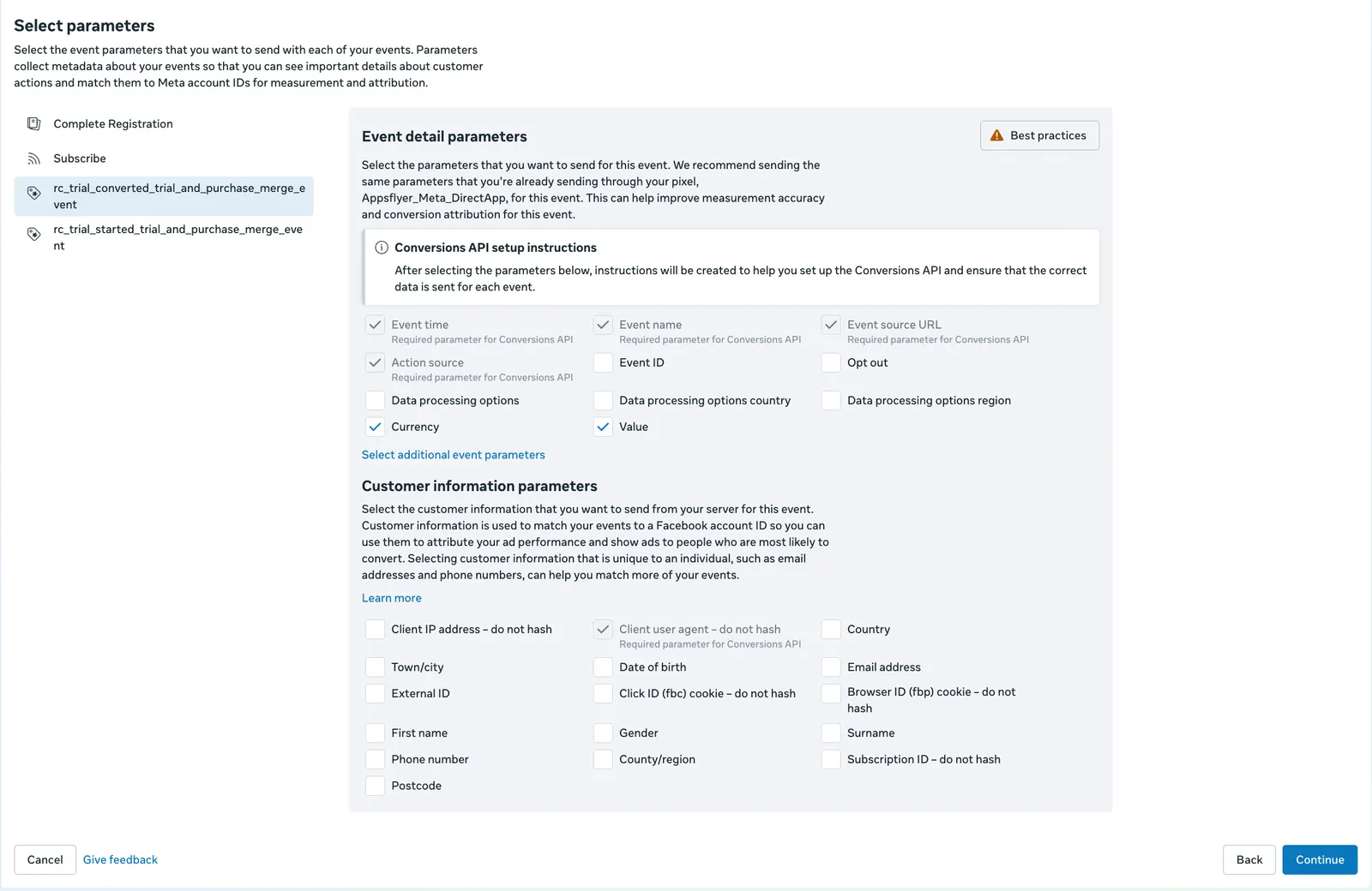 Select Parameters screen for CAPI event details and customer information