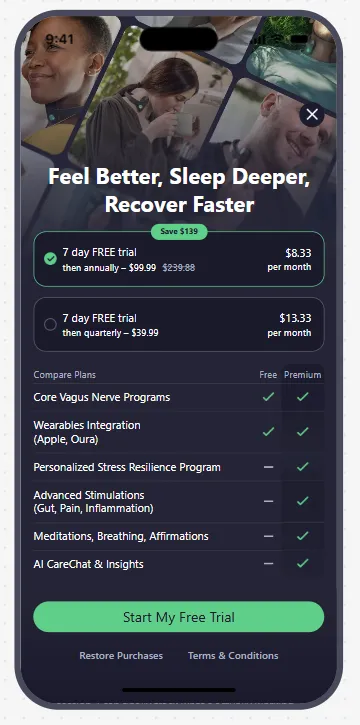Pulsetto onboarding paywall comparing the free and premium plans in one table, with a 7-day free trial
