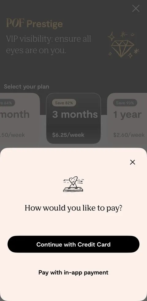 Plenty of Fish payment sheet asking “How would you like to pay?”