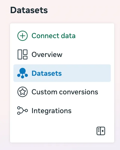 Meta Events Manager — Datasets tab with the Connect data button highlighted