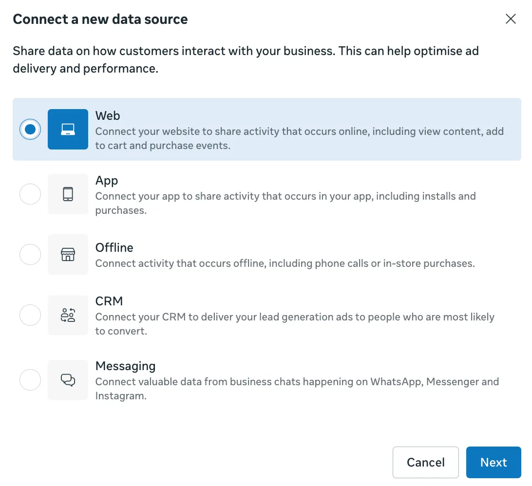 Connect a new data source dialog with the Web option selected