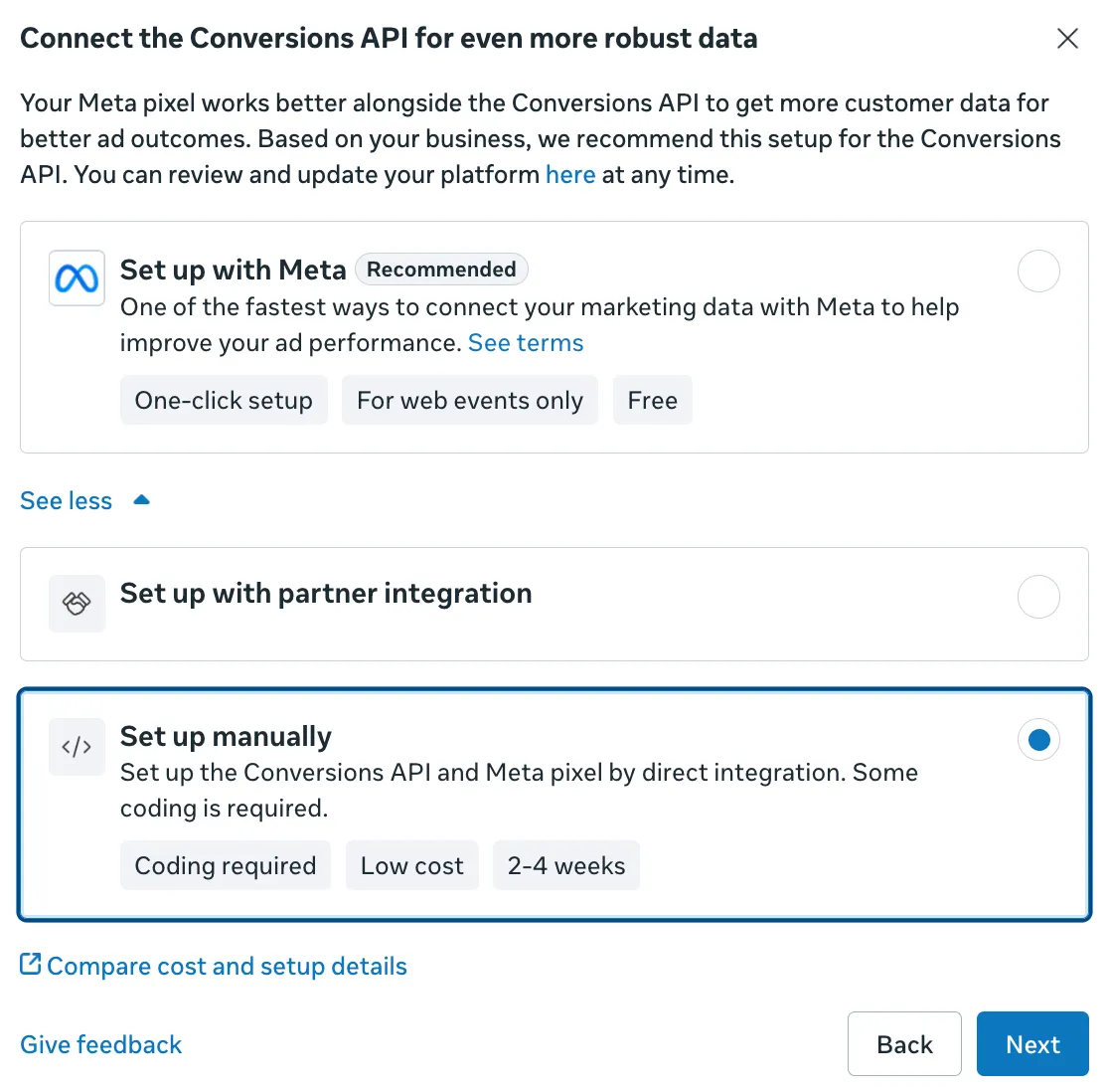 Manual setup option in the Meta CAPI recommended-setup screen