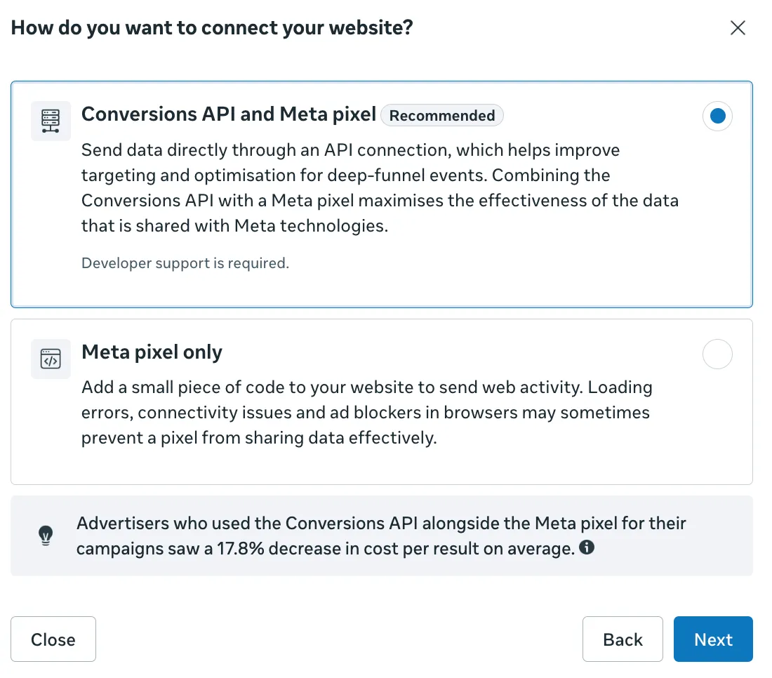 Connection method selection: Conversions API and Meta Pixel
