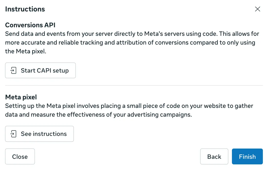 Instructions screen with the Start CAPI setup button under Conversions API