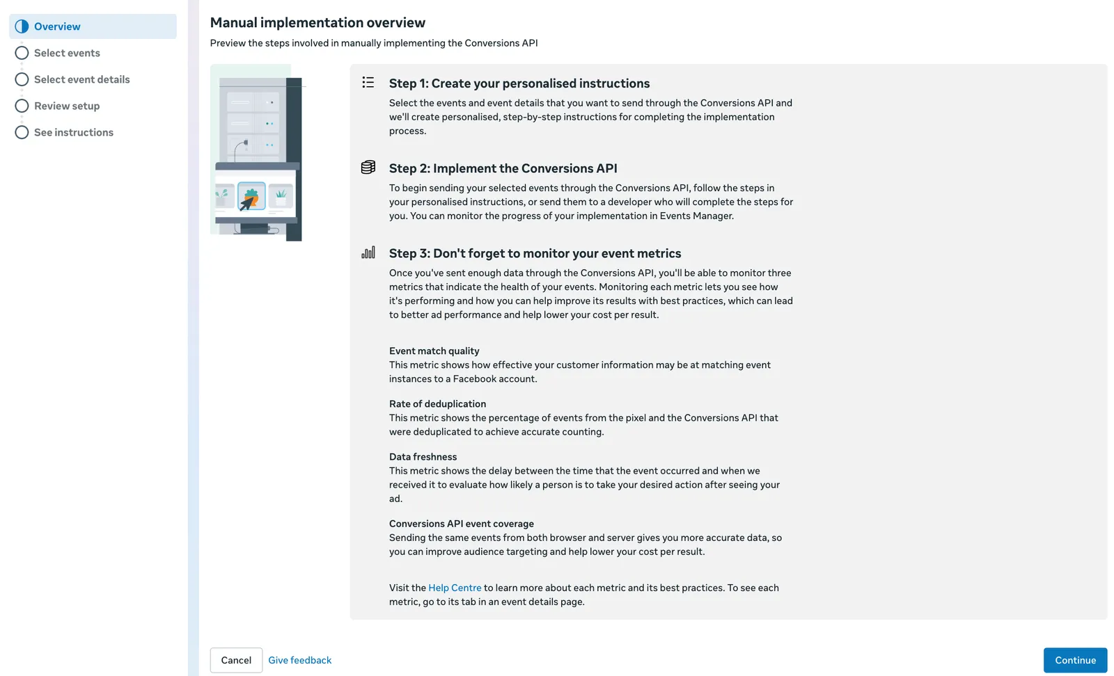 Manual Implementation Overview screen in Meta CAPI setup