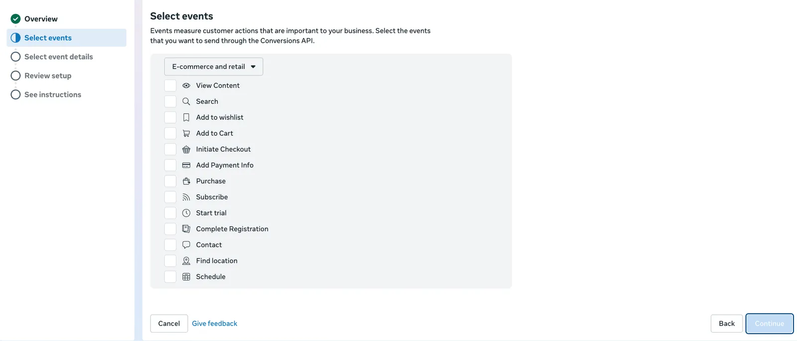 Select Events screen with key in-app conversion events ticked